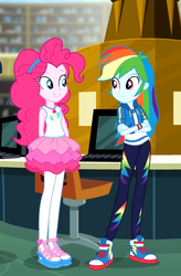 Size: 508x776 | Tagged: safe, screencap, pinkie pie, rainbow dash, best trends forever, equestria girls, g4, my little pony equestria girls: better together, canterlot high, clothes, converse, cropped, crossed arms, female, geode of sugar bombs, geode of super speed, magical geodes, pants, pantyhose, rah rah skirt, sandals, shoes, skirt, smiling, sneakers