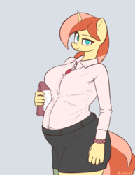 Size: 803x1040 | Tagged: safe, alternate version, artist:bumpywish, oc, oc only, oc:bumpy wish, unicorn, anthro, belly, clothes, female, pregnant, skirt, solo