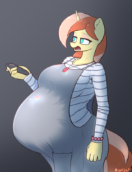 Size: 803x1040 | Tagged: safe, alternate version, artist:bumpywish, oc, oc only, oc:bumpy wish, unicorn, anthro, belly, big belly, breasts, clothes, fat boobs, female, gradient background, overalls, pregnant, solo