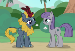 Size: 1621x1100 | Tagged: safe, artist:foal, maud pie, winter flame, earth pony, kirin, pony, g4, sounds of silence, ..., background kirin, emotionless, female, head tilt, looking at each other, mare, stare, staring contest