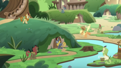 Size: 1334x750 | Tagged: safe, screencap, applejack, autumn afternoon, forest fall, green grove, maple brown, sparkling brook, spring glow, winter flame, earth pony, kirin, pony, sounds of silence, background kirin, female, kirin village, male, mare, sneezing, tree stump