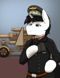 Size: 2100x2700 | Tagged: safe, artist:grey-horse, oc, oc:schwarz, pony, unicorn, 8.8 cm flak 41, belt, clothes, erwin rommel, german, goggles, hat, high res, iron cross, military uniform, standing, telescope, uniform, weapon, world war ii