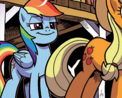 Size: 397x318 | Tagged: safe, artist:pencils, idw, applejack, rainbow dash, earth pony, pegasus, pony, g4, spoiler:comic, spoiler:comic70, cropped, cutie mark, faic, female, mare, out of context, smug, smugdash