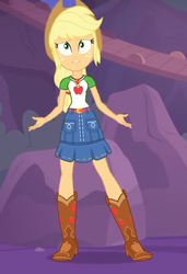 Size: 431x630 | Tagged: safe, screencap, applejack, equestria girls, equestria girls specials, g4, my little pony equestria girls: better together, my little pony equestria girls: rollercoaster of friendship, belt, boots, clothes, collar, cowboy boots, cowboy hat, cropped, denim skirt, female, freckles, geode of super strength, hat, shirt, shoes, skirt, spread arms, stetson, t-shirt, teenager