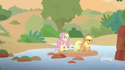 Size: 1920x1080 | Tagged: safe, screencap, applejack, fluttershy, earth pony, pony, g4, sounds of silence, duo, female, mare, river, stream, water