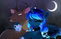 Size: 1280x815 | Tagged: safe, artist:magnaluna, princess luna, alicorn, deer, pony, g4, crescent moon, cute, eyes closed, female, horn, horn jewelry, hug, jewelry, lunabetes, mare, moon, nervous, night, smiling