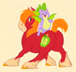 Size: 948x900 | Tagged: safe, artist:thiscrispykat, big macintosh, spike, dragon, earth pony, pony, g4, molt down, big backintosh, butt, coat markings, dragons riding ponies, duo, duo male, male, plot, riding, riding a pony, simple background, socks (coat markings), spike riding big macintosh, stallion, tan background, unshorn fetlocks, winged spike, wings