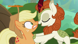 Size: 1280x720 | Tagged: safe, screencap, applejack, autumn blaze, earth pony, kirin, pony, g4, season 8, sounds of silence, boop, duo, eyes closed, female, mare, noseboop, out of context