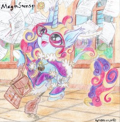 Size: 2141x2180 | Tagged: safe, artist:magnifsunspiration, oc, oc only, oc:graphomashka, pony, unicorn, female, filly, glasses, high res, paper, solo, traditional art