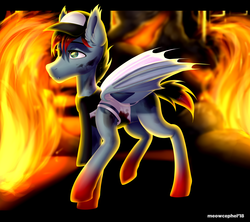 Size: 2896x2569 | Tagged: safe, artist:meowcephei, oc, oc only, bat pony, pony, bandage, bat pony oc, clothes, commission, fire, high res, male, ruins, scarf, solo