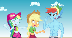 Size: 5670x3012 | Tagged: safe, artist:urhangrzerg, applejack, rainbow dash, equestria girls, g4, abs, baseball cap, beach, cap, drool, equestria guys, eyes on the prize, female, half r63 shipping, hat, male, muscles, my eyes are up here, r63 paradox, rainbow blitz, ripped, rule 63, self paradox, ship:appleblitz, shipping, straight, swimming trunks