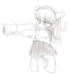 Size: 832x900 | Tagged: safe, anonymous artist, oc, oc only, oc:bazooka-chan, earth pony, pony, 4chan, clothes, cute, drawthread, hairband, hoof hold, monochrome, ocbetes, rocket launcher, sailor uniform, school uniform, simple background, solo, standing up, uniform