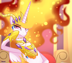 Size: 1700x1500 | Tagged: safe, artist:sugaryicecreammlp, nightmare star, alicorn, pony, g4, bored, crown, female, fire, jewelry, jewels, mane of fire, mare, regalia, solo, throne, throne room, throne slouch
