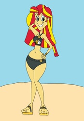 Size: 1461x2101 | Tagged: safe, artist:hunterxcolleen, sunset shimmer, human, equestria girls, g4, my little pony equestria girls: better together, beach, belly button, bikini, bracelet, clothes, humanized, jewelry, sandals, smiling, swimsuit