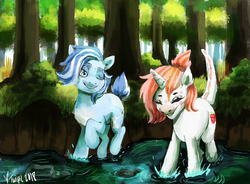 Size: 3260x2396 | Tagged: safe, artist:misstwipietwins, oc, oc only, pony, art trade, duo, forest, high res, mare, pond, water