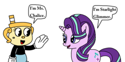 Size: 1600x800 | Tagged: safe, artist:marcospower1996, artist:mega-shonen-one-64, starlight glimmer, pony, unicorn, g4, clothes, crossover, cuphead, dialogue, female, hasbro, hasbro studios, mare, meeting, ms. chalice, simple background, studio mdhr, white background