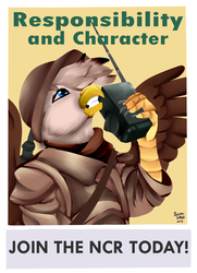 Size: 1300x1800 | Tagged: safe, artist:brainiac, griffon, fallout equestria, birb, clothes, female, ncr, ncr ranger, new canterlot republic, poster, propaganda, recruitment poster, solo, spread wings, teeth, walkie talkie, wings