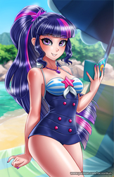 Size: 750x1160 | Tagged: safe, artist:racoonsan, sci-twi, twilight sparkle, human, equestria girls, g4, my little pony equestria girls: better together, adorasexy, anime, beach, beach babe, beautiful, blue swimsuit, breasts, busty sci-twi, busty twilight sparkle, clothes, cute, female, geode of telekinesis, humanized, looking at you, nail polish, one-piece swimsuit, ponytail, sci-twi swimsuit, sexy, sexy egghead, smiling, solo, striped swimsuit, swimsuit, tricolor swimsuit, twiabetes
