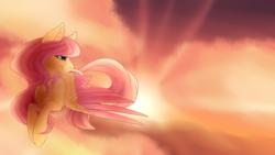 Size: 5000x2811 | Tagged: safe, artist:jacobdawz, fluttershy, pegasus, pony, g4, colored wings, colored wingtips, female, looking away, mare, sky, smiling, solo, spread wings, sunset, turned head, wings