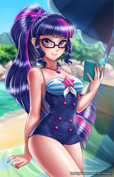 Size: 750x1160 | Tagged: safe, alternate version, artist:racoonsan, sci-twi, twilight sparkle, human, equestria girls, g4, my little pony equestria girls: better together, adorasexy, anime, beach, beach babe, beautiful, blue swimsuit, book, clothes, cute, female, geode of telekinesis, glasses, humanized, looking at you, nail polish, ocean, one-piece swimsuit, ponytail, sand, sexy, sexy egghead, smiling, solo, striped swimsuit, swimsuit, tricolor swimsuit, twiabetes