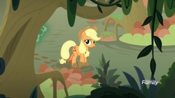 Size: 1920x1080 | Tagged: safe, screencap, applejack, earth pony, pony, g4, sounds of silence, female, mare, mud, solo, swamp, tree