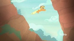 Size: 1920x1080 | Tagged: safe, screencap, applejack, earth pony, pony, g4, sounds of silence, cliff, female, jumping, leaping, mare, ravine, solo