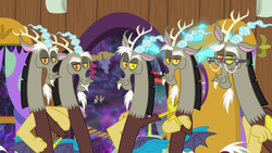 Size: 1280x720 | Tagged: safe, screencap, discord, parcel post, post haste, draconequus, discordant harmony, g4, clone, discord crew, discord's house, doorway, flying napkin, glasses, multeity, the discord zone