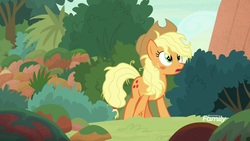 Size: 1920x1080 | Tagged: safe, screencap, applejack, earth pony, pony, g4, sounds of silence, alternate hairstyle, applejack's hat, bush, cowboy hat, discovery family logo, female, forest, hat, looking up, mare, messy mane, moss, open mouth, scuff mark, solo, surprised