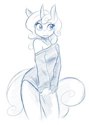 Size: 2153x3040 | Tagged: safe, artist:ambris, sweetie belle, unicorn, anthro, g4, bare shoulders, blushing, bottomless, clothes, curved horn, cute, diasweetes, female, high res, horn, mare, monochrome, off shoulder, off shoulder sweater, older, older sweetie belle, simple background, sketch, smiling, solo, sweater, teenager, white background