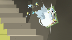 Size: 1280x720 | Tagged: safe, screencap, discord, fluttershy, draconequus, discordant harmony, g4, animate object, chaos, circling stars, crash, duo, impact, photo, stairs, teapot, winged teapot, wings