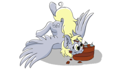 Size: 2560x1440 | Tagged: safe, artist:spirittis, derpy hooves, pegasus, pony, g4, cake, crash landing, female, food, manechat challenge, mare, simple background, solo, white background