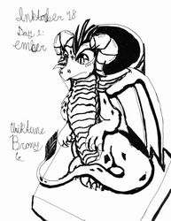 Size: 1700x2199 | Tagged: safe, artist:chiptunebrony, princess ember, dragon, g4, black and white, curious, cursive writing, dragoness, female, grayscale, inktober, inktober 2018, looking down, monochrome, pencil holder, practice drawing, signature, sitting, traditional art
