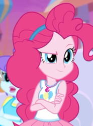 Size: 323x436 | Tagged: safe, screencap, aqua blossom, pinkie pie, equestria girls, equestria girls series, g4, rollercoaster of friendship, background human, cropped, crossed arms, female, geode of sugar bombs, smiling