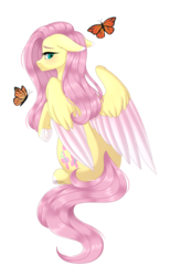 Size: 1817x2956 | Tagged: safe, artist:ohhoneybee, fluttershy, butterfly, pegasus, pony, g4, colored wings, colored wingtips, female, floppy ears, looking away, looking back, mare, rear view, simple background, sitting, solo, three quarter view, transparent background