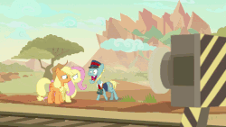 Size: 1024x576 | Tagged: safe, screencap, applejack, fluttershy, loose tracks, earth pony, pegasus, pony, g4, season 8, sounds of silence, animated, evil laugh, female, gif, laughing, male, mare, peaks of peril, stallion, tree, trio