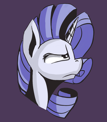 Size: 687x782 | Tagged: safe, artist:post-it, rarity, pony, unicorn, g4, bust, female, frown, mare, purple background, simple background, solo