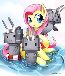 Size: 724x855 | Tagged: safe, artist:roshichen, fluttershy, pegasus, pony, g4, crossover, cute, female, floaty, kantai collection, raised hoof, rensouhou, shimakaze, shyabetes, sitting, turned head, turret, water