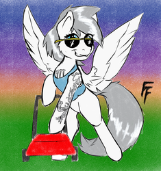 Size: 1600x1700 | Tagged: safe, artist:frecklesfanatic, oc, pegasus, pony, 30 year old boomer, lawn mower, monster energy, spread wings, sunglasses, tattoo, wings
