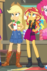 Size: 413x617 | Tagged: safe, screencap, applejack, pinkie pie, sci-twi, sunset shimmer, twilight sparkle, equestria girls, equestria girls specials, g4, my little pony equestria girls: better together, my little pony equestria girls: rollercoaster of friendship, belt, boots, clothes, cowboy boots, cowboy hat, cropped, denim skirt, female, freckles, geode of empathy, geode of super strength, hand on hip, hat, high heel boots, jacket, leather, leather jacket, offscreen character, photo booth (song), shoes, skirt, smiling, stetson