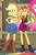 Size: 413x617 | Tagged: safe, screencap, applejack, pinkie pie, sci-twi, sunset shimmer, twilight sparkle, equestria girls, equestria girls specials, g4, my little pony equestria girls: better together, my little pony equestria girls: rollercoaster of friendship, belt, boots, clothes, cowboy boots, cowboy hat, cropped, denim skirt, female, freckles, geode of empathy, geode of super strength, hand on hip, hat, high heel boots, jacket, leather, leather jacket, offscreen character, photo booth (song), shoes, skirt, smiling, stetson