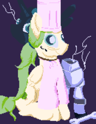Size: 620x800 | Tagged: safe, artist:dinexistente, oc, oc only, oc:lettuce leaf, pegasus, pony, armor, chef's hat, cyoa, cyoa:cirquesque, hat, pixel art, ponytail, simple background