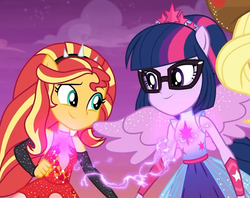 Size: 863x684 | Tagged: safe, screencap, sci-twi, sunset shimmer, twilight sparkle, equestria girls, equestria girls specials, g4, my little pony equestria girls: better together, my little pony equestria girls: rollercoaster of friendship, cropped, female, geode of super strength, geode of telekinesis, glasses, magic, ponied up, pony ears, sci-twilicorn, smiling, super ponied up, wings