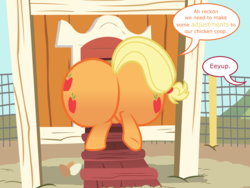 Size: 8000x6000 | Tagged: safe, artist:ithinkitsdivine, applejack, big macintosh, pony, g4, absurd resolution, amplejack, applebutt, applefat, bottom heavy, butt, butt only, buttstuck, chicken coop, dialogue, fat, female, huge butt, implied applemac, implied incest, implied shipping, implied straight, large butt, looking at butt, need to go on a diet, need to lose weight, offscreen character, plot, show accurate, solo, stuck, sweet apple acres, the ass is monstrously oversized for tight entrance, the ass was fat, the ass was too fat, too fat to fit, too fat to get through