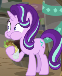 Size: 526x638 | Tagged: safe, screencap, starlight glimmer, pony, unicorn, g4, road to friendship, cropped, eating, falafel, female, food, mare, puffy cheeks, solo, wide eyes