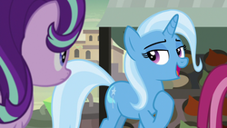 Size: 1280x720 | Tagged: safe, screencap, starlight glimmer, trixie, pony, unicorn, g4, road to friendship, duo focus, female, lidded eyes, mare, open mouth