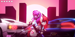 Size: 3480x1708 | Tagged: safe, artist:aaa-its-spook, oc, oc only, oc:ponepony, oc:spook, demon pony, earth pony, pony, accessory, aviator sunglasses, car, clothes, ear piercing, earring, fangs, female, glowing eyes, grand theft auto, gta online, gta v, gun, horns, jacket, jewelry, leaning, license plate, looking at you, machine gun, necktie, piercing, retro, rifle, scope, skyscraper, sniper rifle, suit, sun, sunglasses, sunset, supercar, truffade adder, weapon