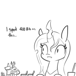Size: 1280x1280 | Tagged: safe, artist:tjpones, queen chrysalis, changeling, changeling queen, g4, :i, crack is cheaper, dialogue, fail, fangs, female, figurine, gaming miniature, grayscale, hyperspace hyperwars, miniature, monochrome, paint, paintbrush, regret, simple background, solo, tabletop game, white background