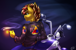 Size: 2500x1650 | Tagged: safe, artist:drizziedoodles, oc, oc only, oc:honey drizzle, anthro, american flag, cigar, clothes, edgy, jacket, jeans, leather jacket, looking at you, looking back, looking over shoulder, motorcycle, pants, smoking, solo