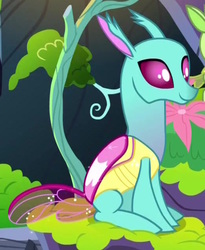 Size: 522x636 | Tagged: safe, screencap, lumbar, spiracle, changedling, changeling, g4, the hearth's warming club, cropped, sitting, smiling, solo