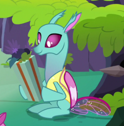 Size: 401x406 | Tagged: safe, screencap, spiracle, changedling, changeling, g4, the hearth's warming club, cropped, present, sitting, smiling, solo focus